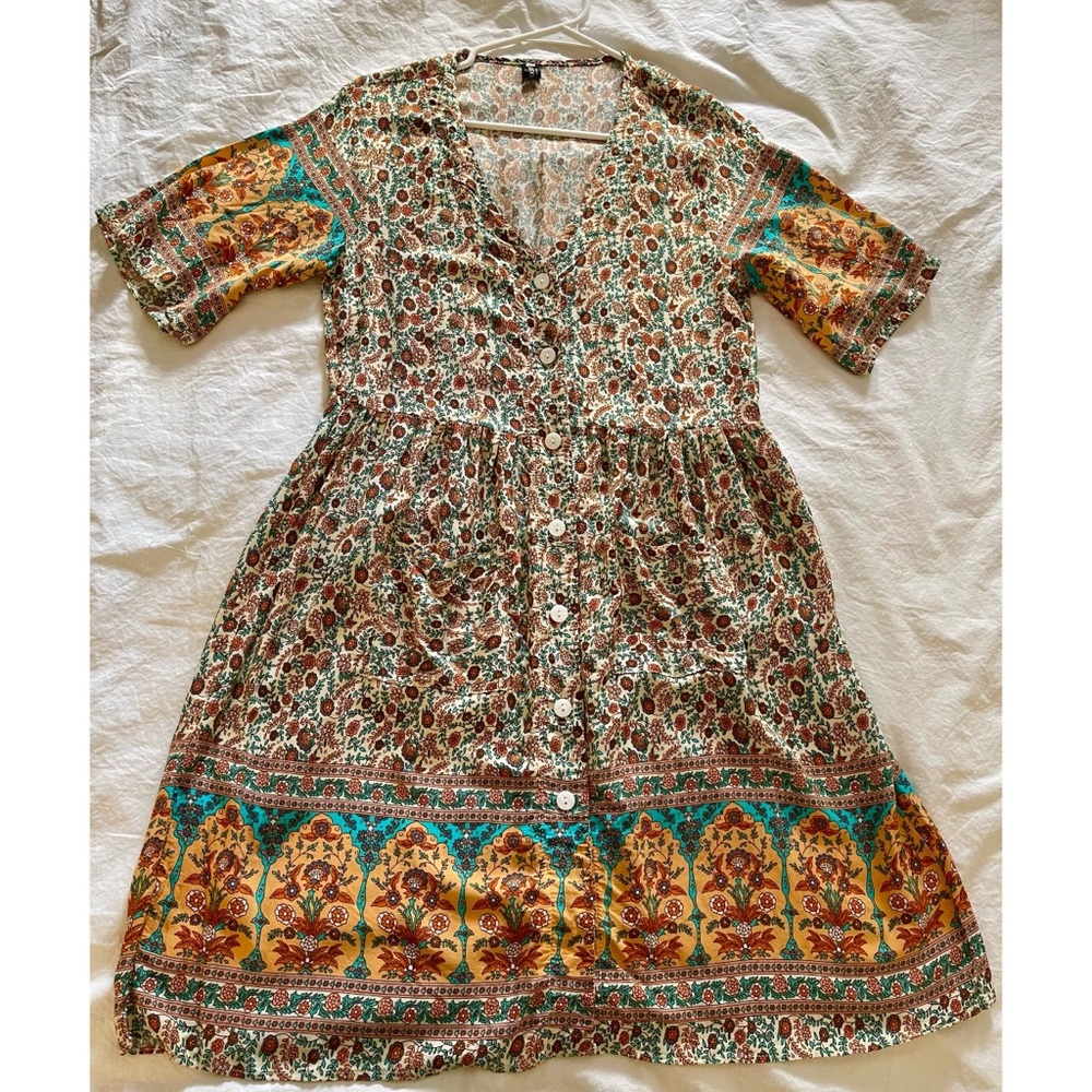 Orange and Teal Floral Button Up Shift Dress